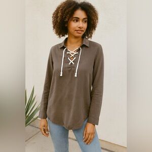 Cloth & Stone Lace-Up Long Sleeve Pullover Top Olive Brown Size Small